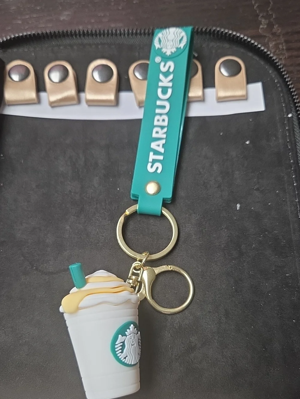 Starbucks Green Teal Keychain with White Frappuccino Charm